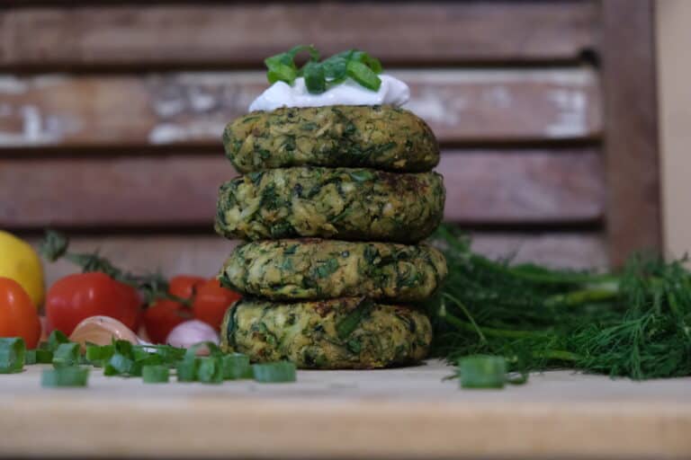 zucchini fritters stack with yoghurt