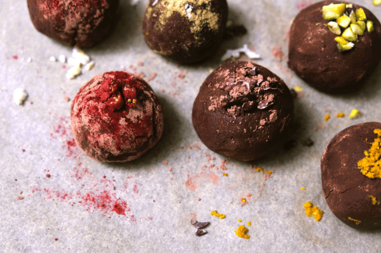 chocolate avocado truffles with different toppings