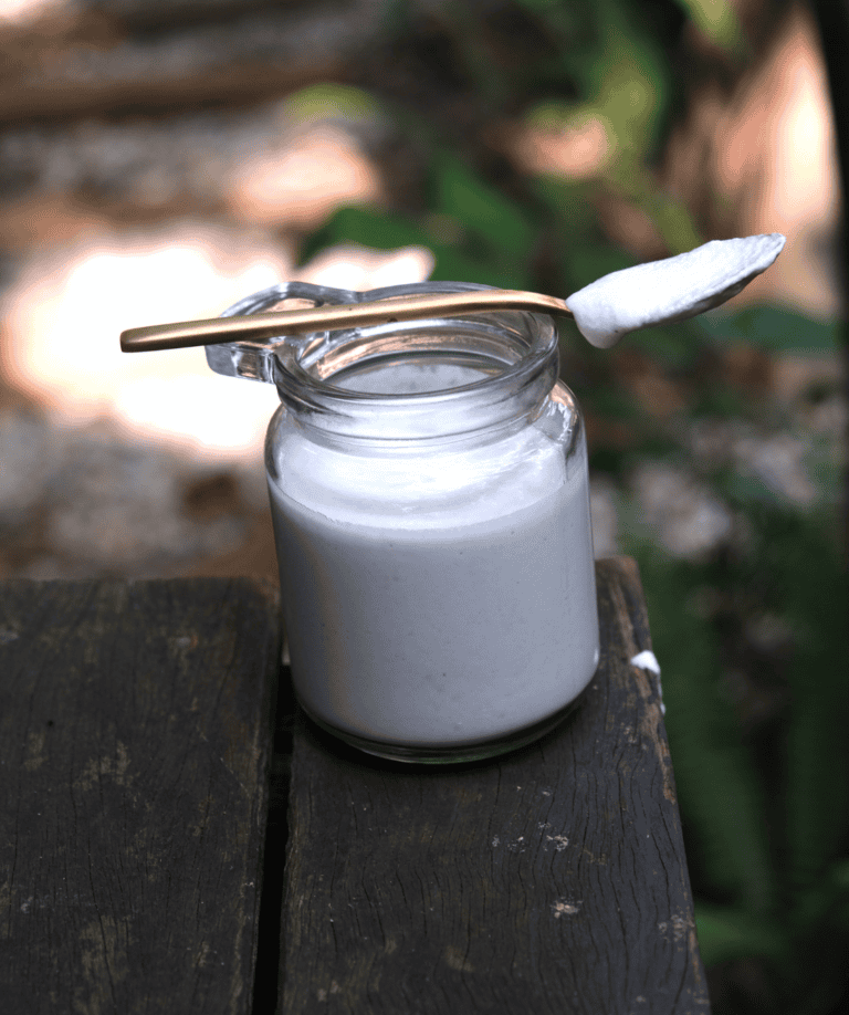 coconut yoghurt in a jar with a spoon on top