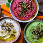 Hummous, beetroot dip and green dip