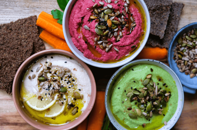 Hummous, beetroot dip and green dip