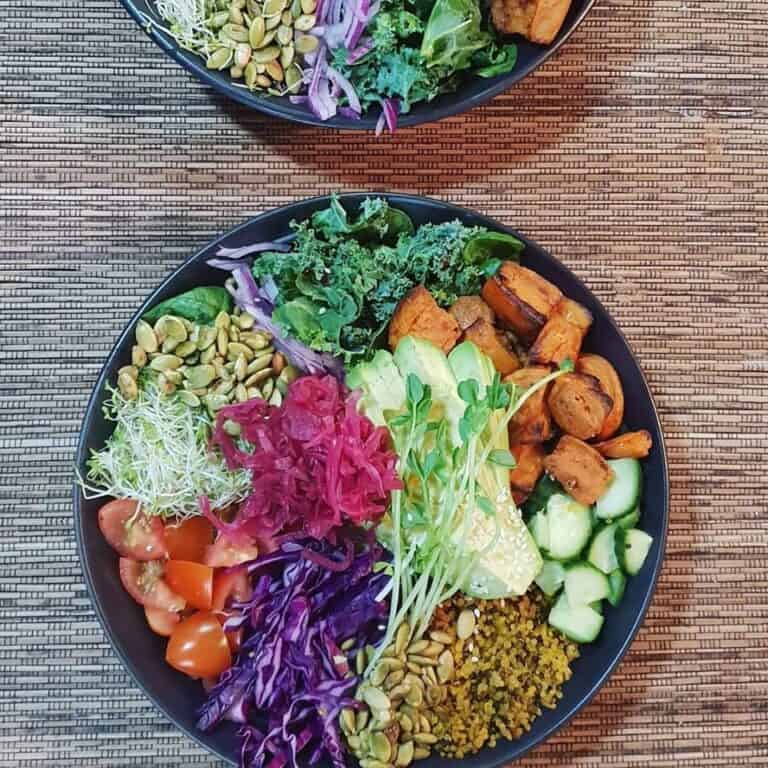 rainbow bowl with quinoa, tomato, potato, sprouts, cucumber, cabbage