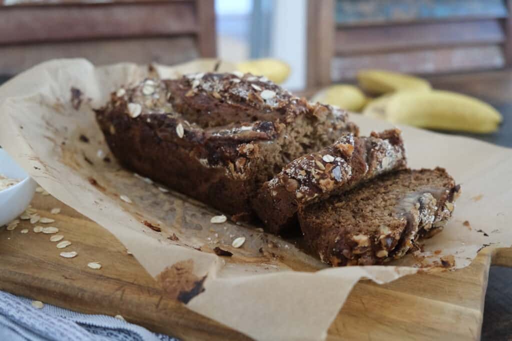 banana bread in brown baking paper