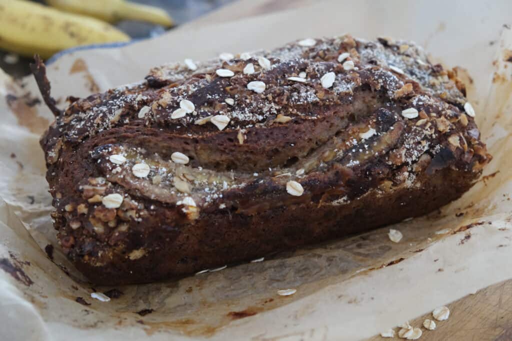 banana bread in brown baking paper