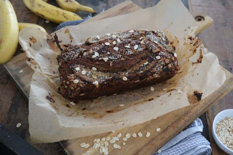 banana bread in brown baking paper