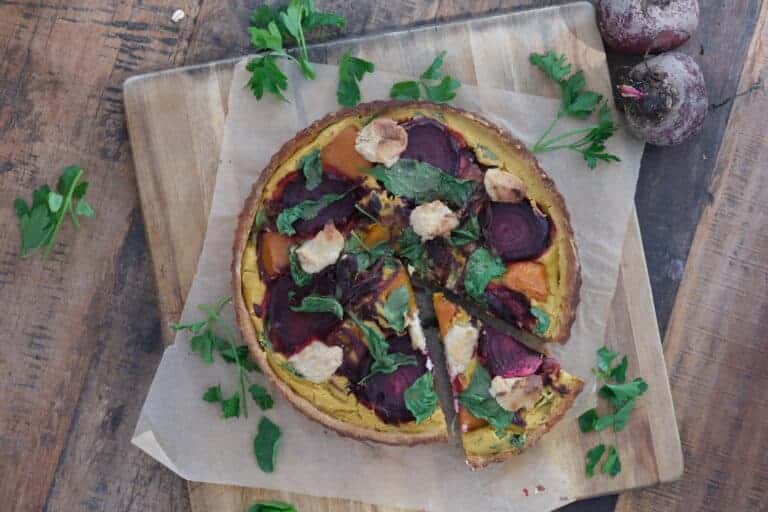 vegan tofu quiche with beetroot and pumpkin