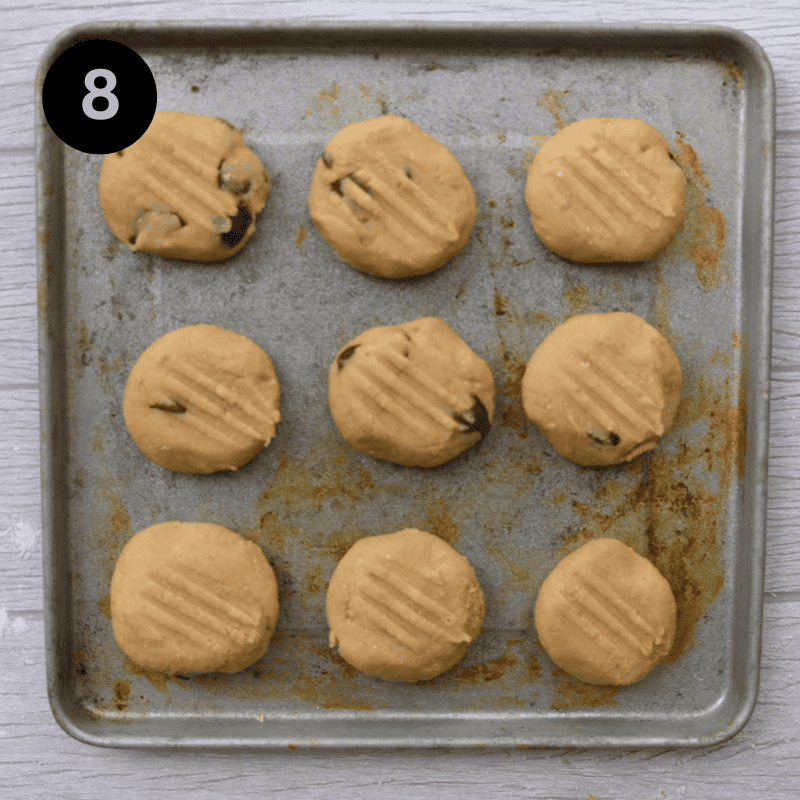 Step 8 - fork prints on chickpea chocolate chip cookies