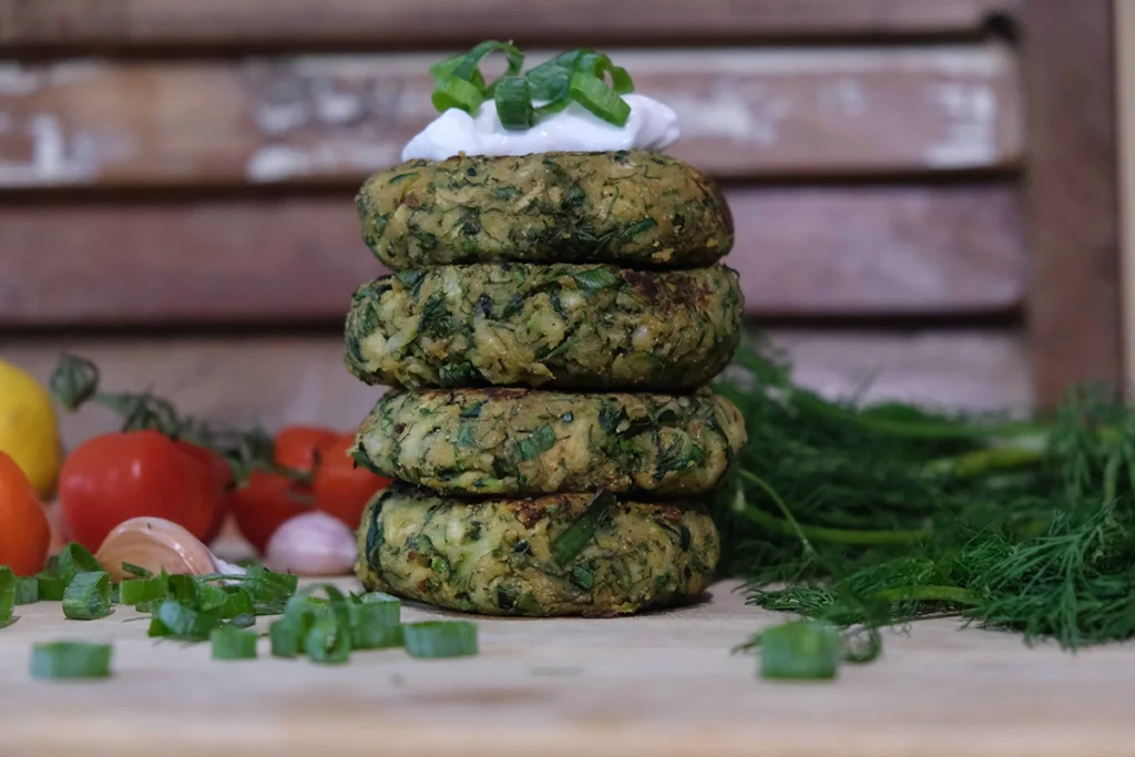 zucchini fritters stack with yoghurt